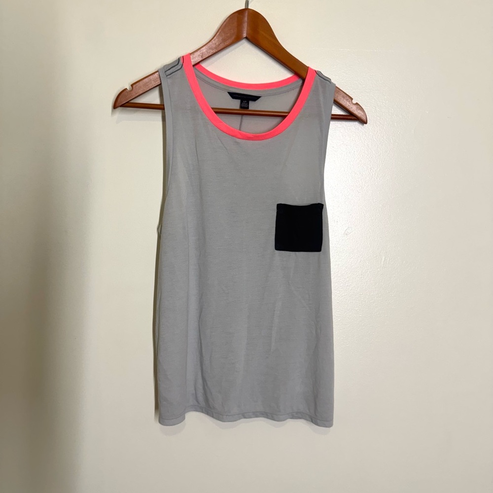 American Eagle Gray Tank with Neon Pink Trim and Black Pocket Small Racerback